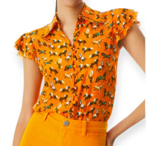 Alice + Olivia Martel Horse Print‎ Flutter Sleeve Silk Top Blouse Size Medium
